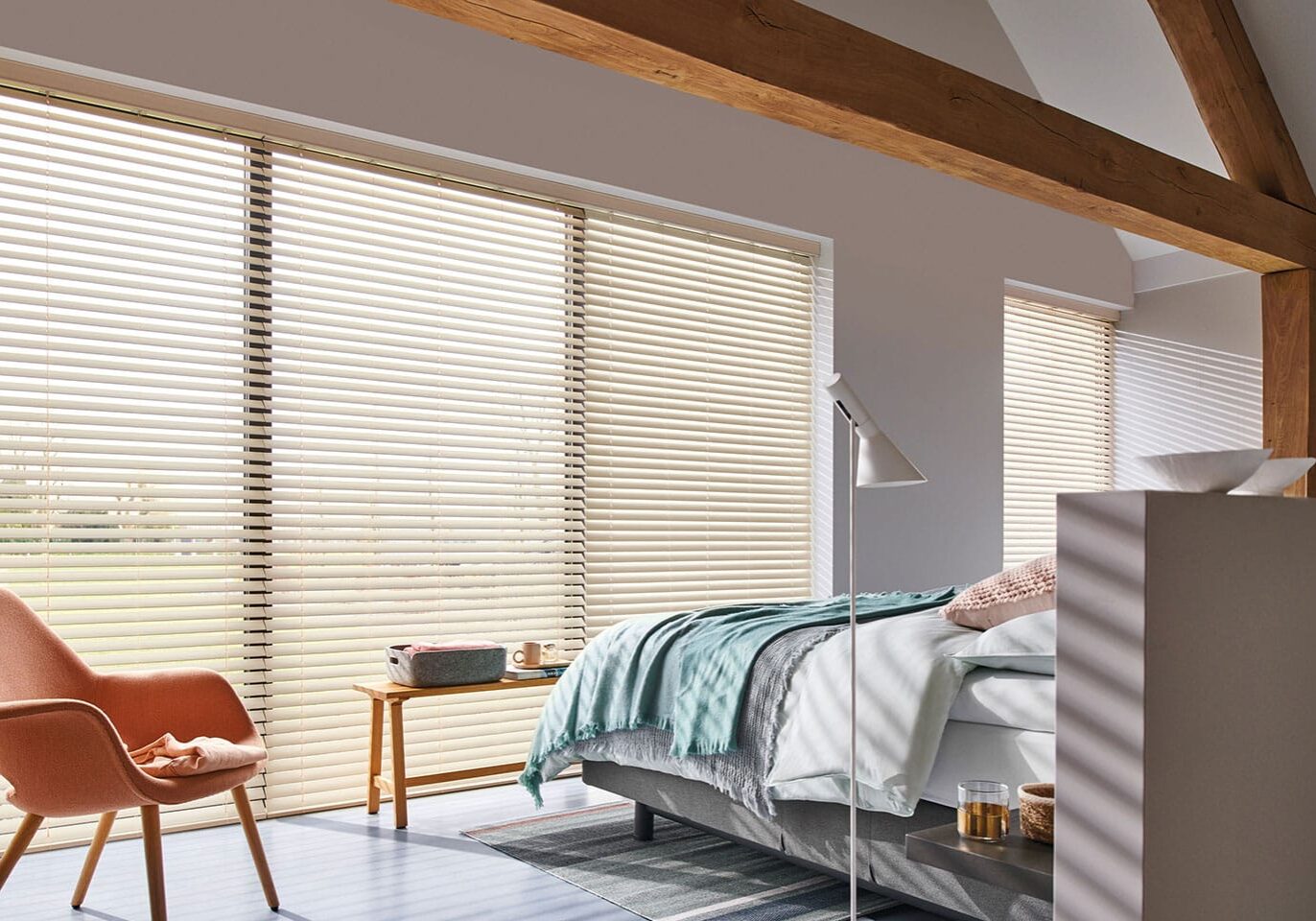 venetian wooden blinds in stylish bedroom